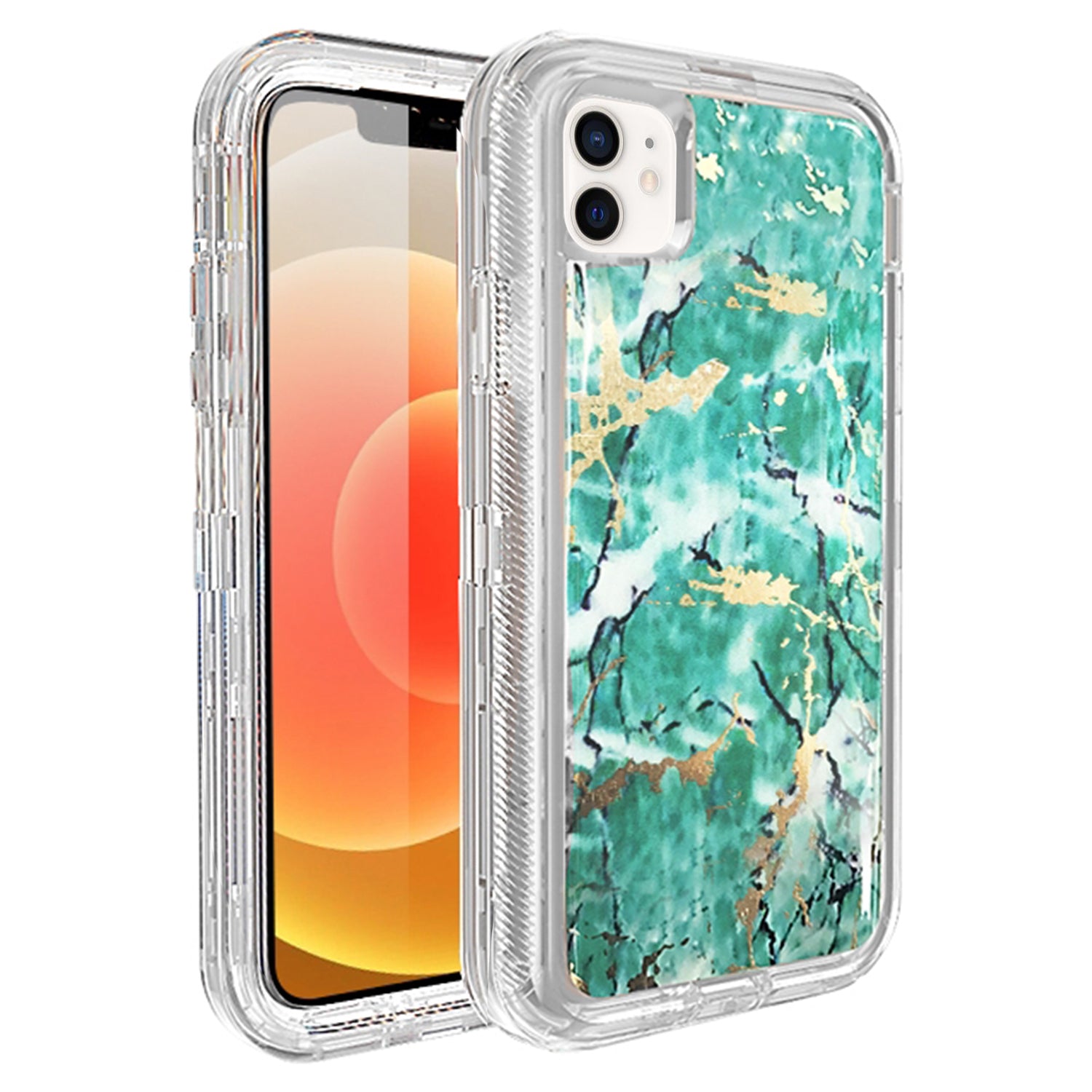 iPhone 12 /12Pro (6.1") Anti-Shock Durable Protective TPU Heavy Duty Marble Clear Case-Teal