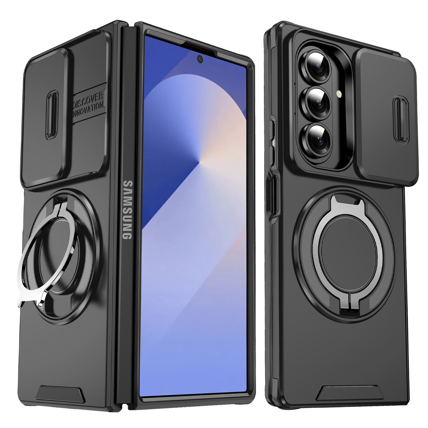 Samsung Galaxy  Z  Fold 7  Sliding Window Ring Holder Mobile Phone Case-Black