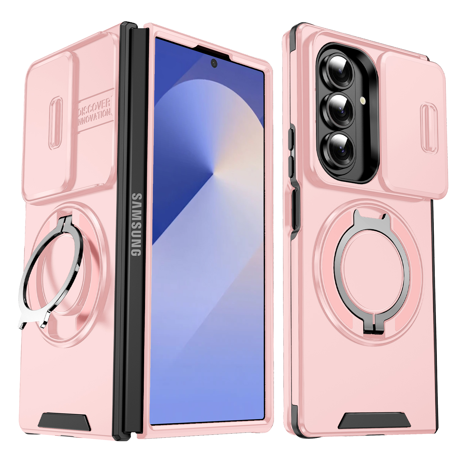 Samsung Galaxy  Z  Fold 7  Sliding Window Ring Holder Mobile Phone Case-Pink