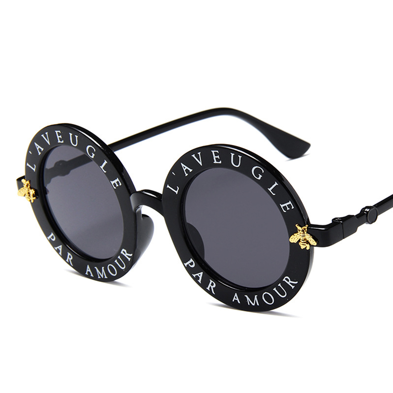 Cute Bee Style Vintage Letter Designer Eyewear Frame Round Sunglasses (15891*Ma)-Black